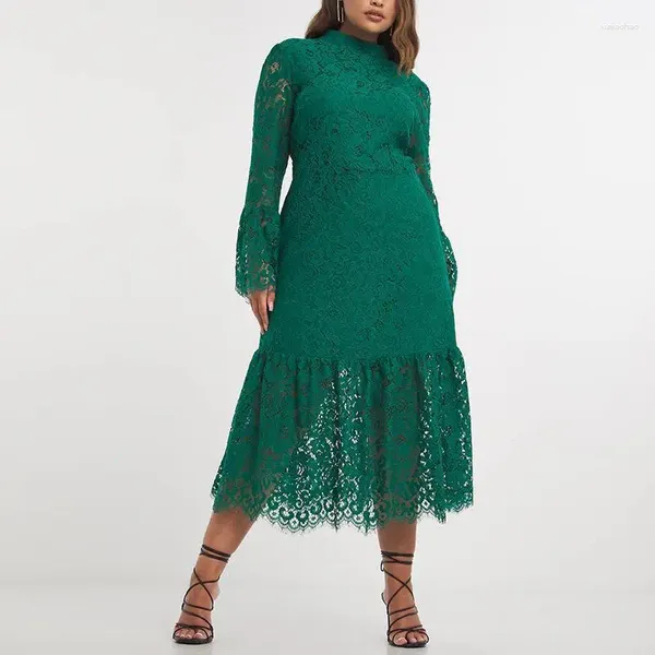 Vestidos de talla grande A Lin ropa de mujer estilo de verano moda elegante encaje Crochet hueco cuello alto manga larga vestido de fiesta Midi