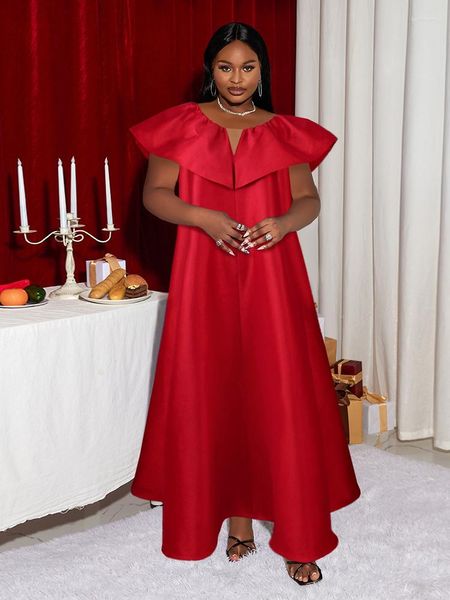 Robes grande taille une ligne Maxi robe droite femmes lâche décontracté brillant Robe automne V dos modeste fête Club noël rouge longue Robe 4XL