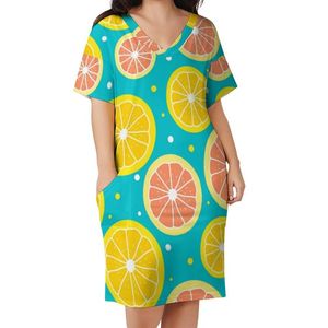 Plus -maatjurken Schattige citroenplakken Draai Red Grapefruit Streetwear Casual vrouwen Summer V Neck Stijlvol geschenk IdeaPlus