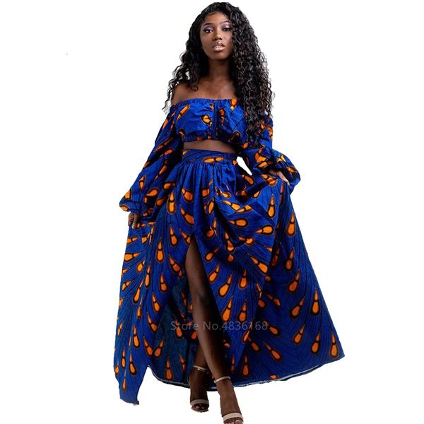 Robes grande taille Robes africaines pour femmes automne 2 pièces ensemble dame manches longues épaule hors Festher Dashiki imprimer jupes fendues Africna vêtements 230901