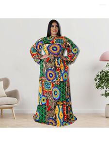 Plus size jurken Afrikaans voor dames 4xl 5xl herfst vintage bedrukte maxi-jurk met lange mouwen en riem