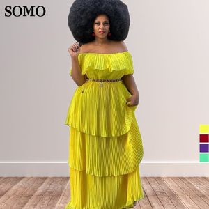 Plus size jurken Afrikaanse maat vrouwen kleding stevige kleur uit schouder geplooide laksed jurk mode lange groothandel druppel 230325