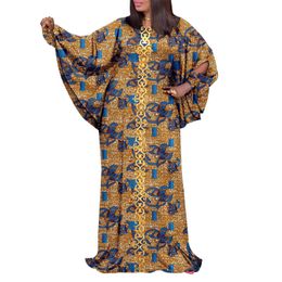 Robes de grande taille Robe de taille pour femmes africaines Robe en tissu imprimé Patch brodé Manches longues Longueur de plancher décontractée A2225152 230518