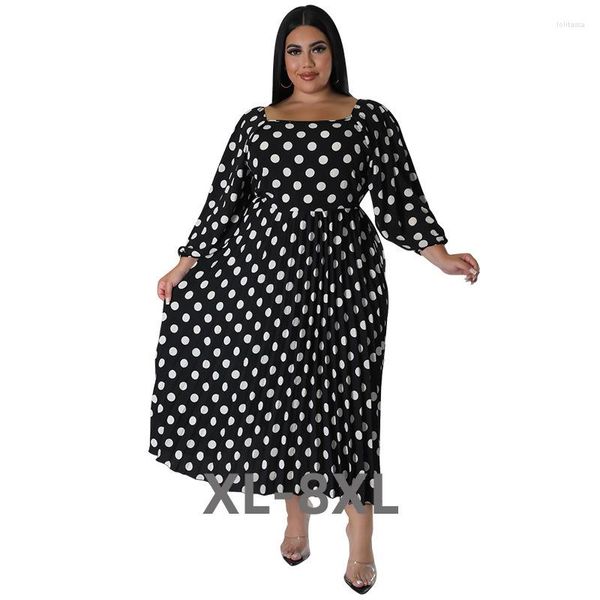 Vestidos de talla grande otoño estampado de lunares de manga larga para mujer elegante vestido de cuello cuadrado venta al por mayor Dropshi 3xl 4xl 5xl 6xl