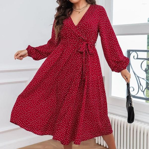 Robes grande taille automne Swing Style tempérament artistique rouge robe surdimensionnée coton à pois à manches longues vêtements pour femmes