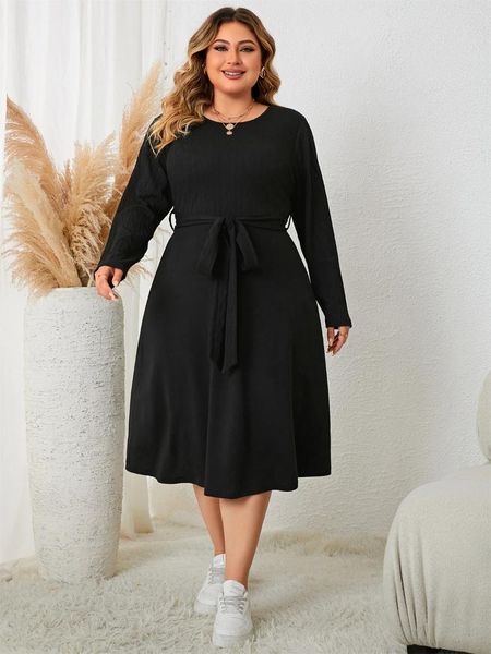 Robes de grande taille automne hiver robe pull décontractée col rond ceinturé gaine fête Midi manches longues élastique vêtements féminins