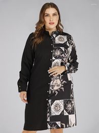 Plus size jurken herfst dames retro contrast print paneel mode polo kraag met lange mouwen shirt jurk feminino