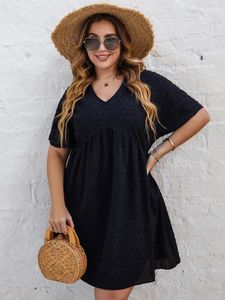 Plus size jurken zwarte jurk voor vrouwen korte mouw 2022 herfstkleding v nek een lijn elegant katoen casual losse midi tuniek