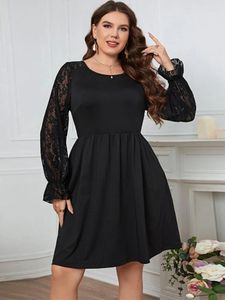 Robes de grande taille en dentelle noire, Patchwork pour femmes, col rond, manches longues lanterne, ligne A, Simple, élégante, tenues de soirée formelles