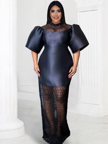 Robes de grande taille gaine noire pour femmes col roulé manches courtes bouffantes dentelle Patchwork cocktail anniversaire robes de soirée de mariage 4XL