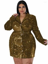 Plus size jurken blazer jurk vrouwen ingekeepte nek single breasted ropa mujer herfst mode pailletten kantoor dame korte vestidos