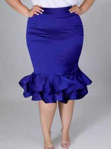 Plus size jurken blauwe satijnen rokken plus maat 4xl vrouwen hoge taille ruches knie lengte bodem elegante dames kantoor avond cocktial evenement rok 221006