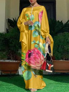 Robes grande taille Bohème Robe grande taille VONDA Femmes ONeck Robe de soirée en satin à manches longues Vintage Casual Floral Imprimé Maxi Long Robe d'été 221121