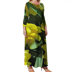 Plus size jurken felgele bloemjurk dames narcissen print vintage maxi straatkleding boho strand lange kleding 5xl