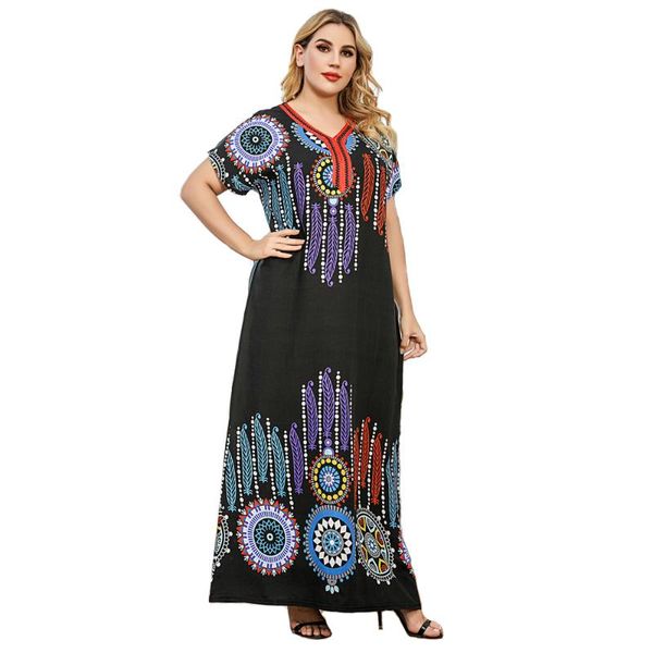 Vestidos de talla grande Vestido largo árabe con estampado negro informal hasta el suelo Trajes de falda para mujer Túnica femenina alta de verano Manga corta musulmana