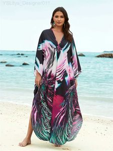 Robes de taille plus causale Impression en V V 2024 Printemps / été à manches longues Vêtements pour femmes en kaftan plus robe plage de taille plus Q1588 C240411