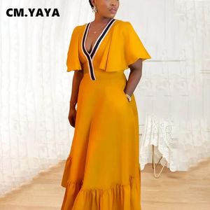 Plus size jurken cm.Dames v-neck korte ruches mouw maxi long jurk 2024 patchwork strand strand vakantie nachtclubfeestje