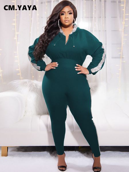 Plus Size Vestidos CMYAYA Elegante Tamanho Lantejoulas SideWomen's Set Hooded Sweatshirt Top e Jogger Pants Tracksuit Two 2 Piece Outfits 230919