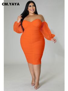 Plus size jurken cmyaya maat vrouwen mesh patchwork off schouder ruches bodycon midi jurk avond winter sexy feestclub prom 230130