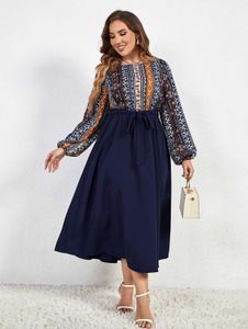 Plus size jurken Crew Neck Patchwork A-Line Womnes plus size jurk Kleurblok Long latern Bishop Slves Robe Belt Spring Fall Sundress Y240510