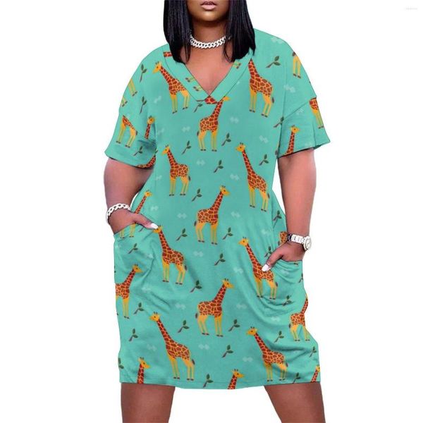 Vestidos de talla grande Linda jirafa Vestido casual Vacaciones África Estampado de animales Mujer moderna Cuello en V Ropa de calle