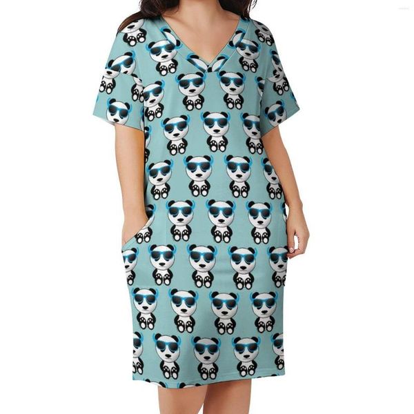 Vestidos de talla grande Vestido de oso panda lindo Estampado animal fresco Moda coreana Mujer casual Vacaciones Cuello en V Regalo de cumpleaños