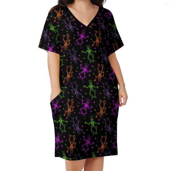 Vestidos de talla grande con estampado de esqueleto para baile, vestido informal de verano, divertido, Retro, para Halloween, con cuello en V, estampado estético 5XL