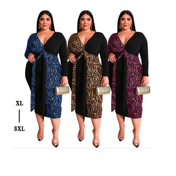 Robes grande taille conception automne décontracté grosses filles vêtements Sexy col en v imprimé léopard Patchwork couleur unie à manches longues DressPlus