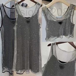 Vestidos de talla grande Diseñador Sin mangas Para mujer Ahuecado Satén Negro Sling Rhinestone Chaleco hueco brillante 2 piezas Set Denim Bra Tops 6VFN