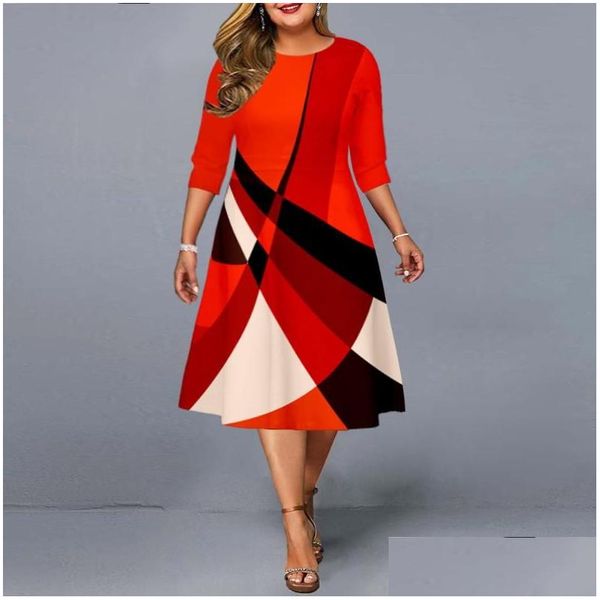 Robes de taille plus robe 2022 élégant imprimé géométrique fête automne dames a-ligne rouge midi année soirée club tenues 5xl livraison directe DH7VA
