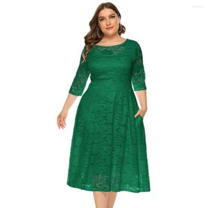 Plus size jurken jurk 2023 herfst elegant kanten avondfeest vrouwen uitgehold met pocket groen casual 4xl 5xl 6xl