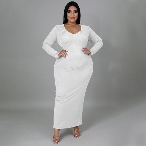 Robes de grande taille robe Sexy haute Stretch col rond coupe ajustée manches longues Maxi automne printemps mode 2022 robe de soiréePlus