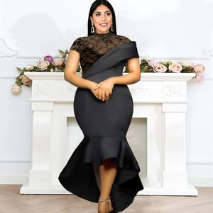 Robes grande taille robe col montant manches courtes Sexy Perspective taille haute hanche jupe portefeuille à volants fête grande femme DressPlus