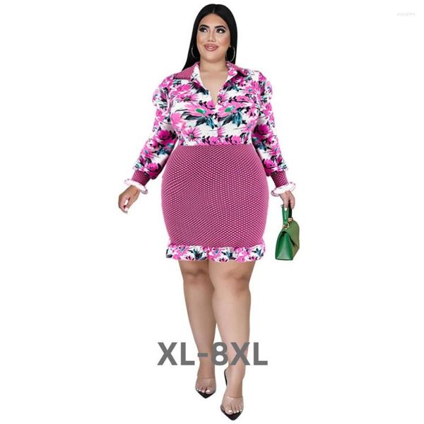 Vestidos de talla grande vestido de mujer dulce Floral Patchwork botón volantes dobladillo moda prendas de vestir Midi venta al por mayor 3xl 4xl 5xl 6xl