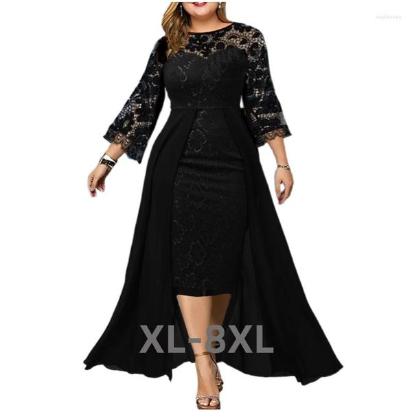 Vestidos de talla grande elegante vestido de cóctel negro de encaje bajo y alto para mujer túnica delgada con manga calada de retazos 3xl 4xl 5xl 6xl