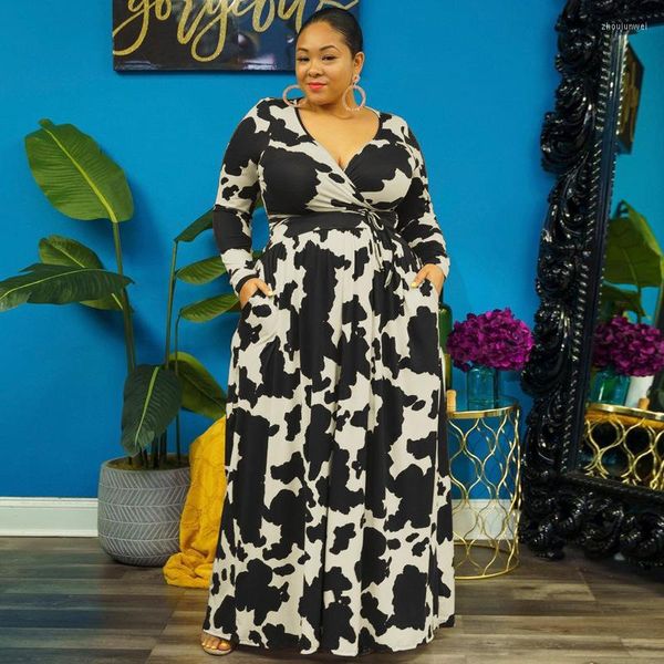 Grande taille robes élégantes pour les femmes 2023 automne vache imprimer à manches longues Sexy soirée robes de soirée mode col en V tenue