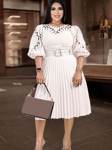 Robes de grande taille Élégant dentelle Patchwork taille évider manches bouffantes taille haute tenues plissées blanc bureau dame robes de soirée 230130