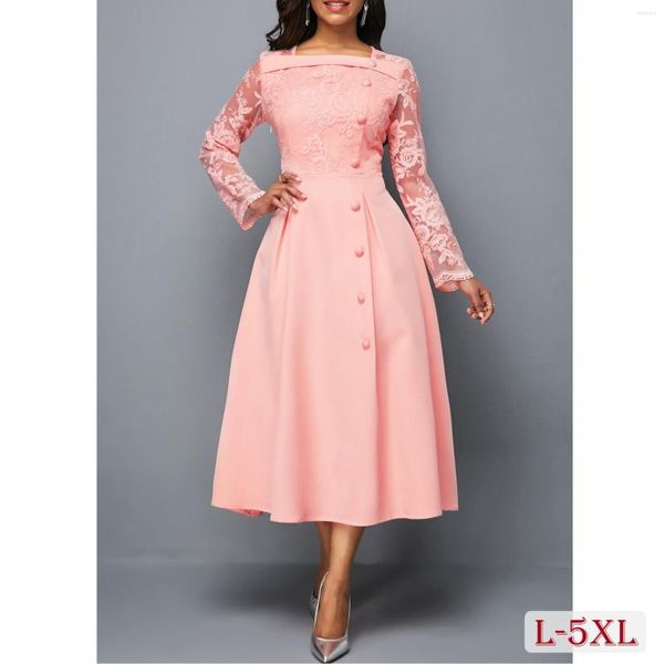 Vestidos de talla grande elegante vestido de noche de malla rosa para mujer diseño bordado de fiesta 5XL primavera otoño