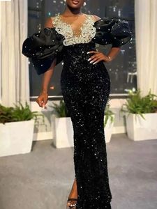 Robes de grande taille Élégant Robe de soirée brillante femmes automne fête longue Robe dentelle paillettes même Robe Femme noir épaules nues formelle Robe 230201