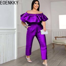 Plus size jurken eoenkky mode tweedelige set dikke mm slanke flounce eenmalige kraag jas casual knop elastische lange broek groothandel