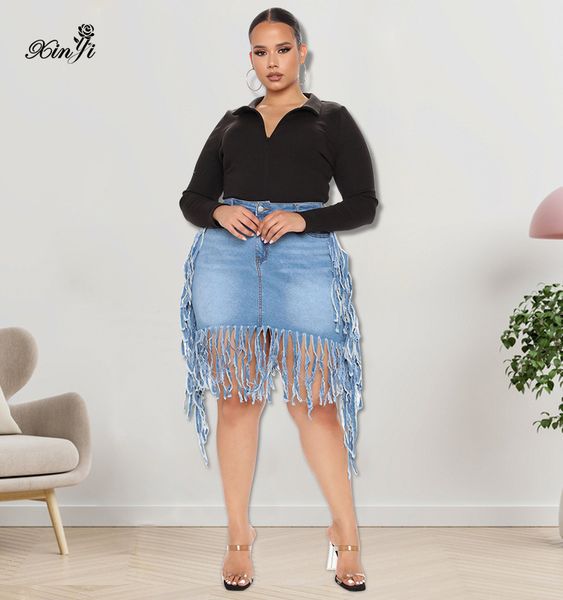 Robes grande taille est Plus Size Femmes Vêtements Faldas Mujer Moda Fringe Washed Hip Enveloppé Saia Jeans Denim Jupe En Gros Drop 221006