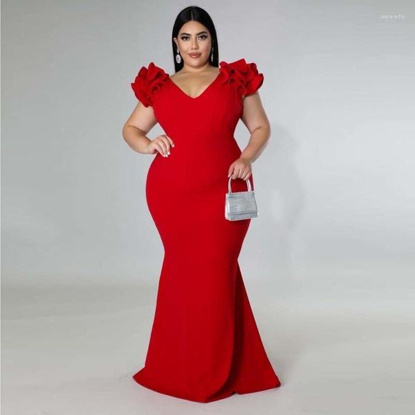 Robes grande taille robe de soirée élégante dame à volants rouge noir Sexy dos nu grandes tailles femmes fête formelle Maxi longue été 2023Plus