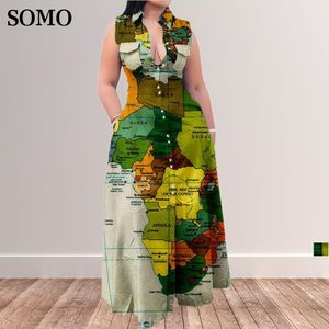Plus size jurken mode zomermaatjurk casual kaart afdrukken mouwloos revershemd maxi lange dress gholesale drop 230510