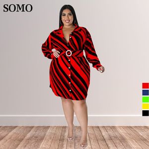 Plus size Jurken Mode Vrouwen Kleding Gestreepte Print Lange Mouw Midi Jurk Maat Elegante Revers Casual Groothandel Drop 230912