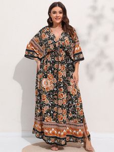 Robes grande taille Finjani Plus Size Women Dress Retro Floral Print Deep Vneck Split Cuisse Robe Sexy Taille Haute Maxi Robes 4XL 221121