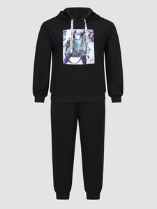 Plus size Jurken Finjani Maat 2-delig dames sweatshirt met capuchon en patroon met lange mouwen top effen kleur broek kledingset 230919