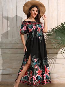 Plus size jurken Finjani size dames tropische afdruk uit schouder shirred split dij zelfs zomer hoge taille sexy maxi gewaad 230130