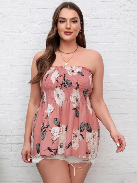 Finjani Robe d'été sans manches à imprimé floral pour femme - Grande taille - Bandeau - Style plage - Ourlet