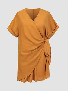 Robes grande taille Finjani femmes solide robe mi-longue col en V sertissage manches courtes taille haute ceinturée femme mode 2023