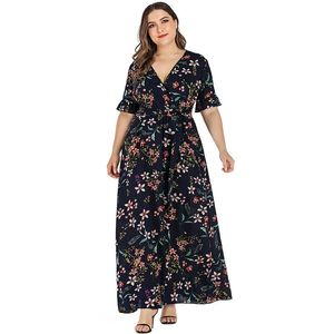 Vestidos de talla grande Vestido de playa bohemio floral Mujer Verano Cuello en V Volantes Manga corta Flor Maxi Cinturón largo Señoras Túnica DressPlus